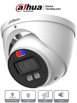 Camara Domo Tioc Dahua HAC-ME1239HN-A-PV 2MP/ Disuasion Activa Luz Roja y Azul/ Lente de 3.6 MM/ Super Adapt/ Microfono y Altavoz Integrados/ 40 Metros de Iluminacion (IR y Calida)/ Metalica/ IP67