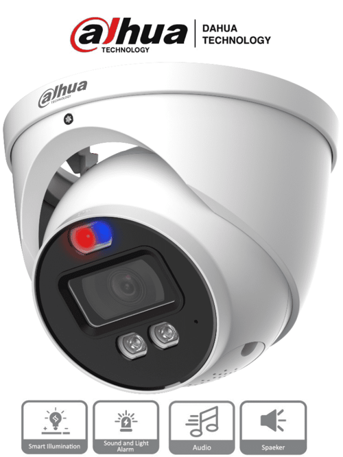 Camara Domo Tioc Dahua HAC-ME1239HN-A-PV 2MP/ Disuasion Activa Luz Roja y Azul/ Lente de 3.6 MM/ Super Adapt/ Microfono y Altavoz Integrados/ 40 Metros de Iluminacion (IR y Calida)/ Metalica/ IP67