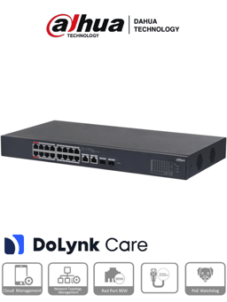 Switch Dahua DH-CS4218-16ET-135 POE de 18 Puertos, 16 Puertos POE 10/100, 2 Puertos Uplink 10/100/1000 + 2 Puertos SFP, 135W, Hasta 250MTS, Carcasa Metalica, Switching 7.2 GBPS