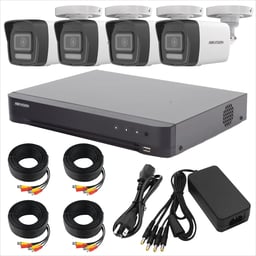Kit TurboHD HIKVISION HIK-3K-DL/T DVR 4 CANALES 4 CÁMARAS BALA DUAL LIGHT AUDIO BIDIRECCIONAL ACCESORIOS FUENTE DE PODER