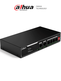 Switch Dahua DH-SF1006LP/6 Puertos/No Administrable/4 Puertos POE 10/100/2 Puertos Uplink RJ45/Hasta 250MTS Sobre UTP CAT 6/Proteccion Contra Descargas/Negro