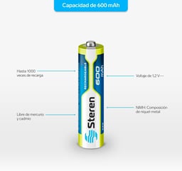 Batería Recargable Steren BAT-NM-AA Tipo AA / 1.2V / NiMH / 600 mAh / 4 Piezas