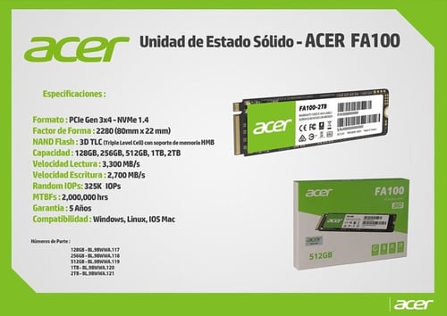 Unidad de Estado Solido 2TB Acer FA100, M.2, NVME PCI-Express, BL.9BWWA.121