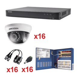 Kit DVR Sistema TurboHD 1080p / DVR 16 Canales / 16 Cámaras Domo (interior 2.8 mm) / Transceptores / Conectores / Fuente de Poder Profesional