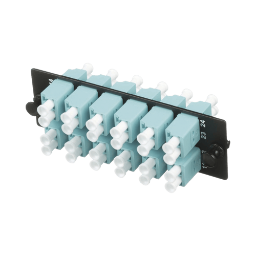 Placa Acopladora de Fibra Optica FAP Panduit con 12 Conectores LC Duplex (24 Fibras), Para Fibra Multimodo OM3/OM4, Color Aqua, FAP12WAQDLCZ