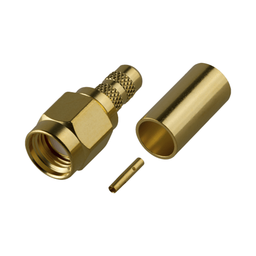 Conector SMA Macho Inverso de Anillo Plegable RF Industries RP-3000-1C para Cables 8240, RG-58/U, Oro/ Oro/ Teflon