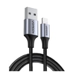 Cable USB USB-A a Lightning Ugreen 60156, 1 Metro, Carga Rápida 5V/2.4 A, 480 Mbps, Conector C94, Adecuado para iPhone, iPad y iPod, Nylon Trenzado, Color Negro