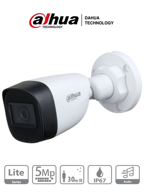 Camara Bullet Dahua DH-HAC-HFW1500CN-A-0280B 5MP/ Microfono Integrado/ Lente de 2.8MM/ 111° Apertura/ IR de 30 MTS/ Starlight/ IP67