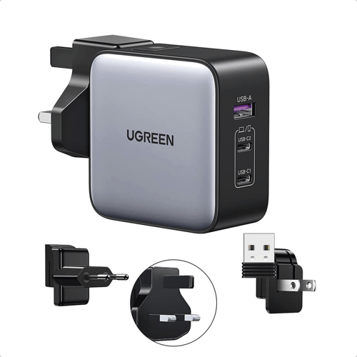 Cargador Universal de Viaje 65W Ugreen 90409, 3 Enchufes EU/UK/US, 3 Puertos de Carga Rapida 2 USB-C/1 USB-A, PD 3.0, QC 4.0