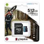 Memoria MicroSDCX 512GB Kingston SDCG3/512GB Canvas Go! Plus UHS-I U3 V30 A2 Clase 10 con Adaptador