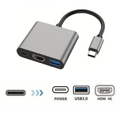 Adaptador USB 3 en 1 Tipo C a USB 3.0/ HDMI/ USB Tipo C, Cuerpo de Aluminio, Color Gris, USBC-300