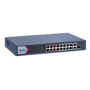 Switch PoE+ Hikvision DS-3E1318P-EI/M/16 Puertos 10/100 Mbps PoE+/2 Puertos 1000 Mbps Uplink/1 Puerto SFP Uplink/Modo Extendido Hasta 300 m/130 W