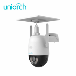 Camara PT Solar 4G Uniarch UHO-P2G-M3F4D-LA 3MPX/LENTE 4MM/DUAL-Light/IR30M/DWDR/MicroSD512GB/Ultra Motion Detection/Microfono Altavoz Integrado/IP66/Bateria 10AH/Soporte Incluido