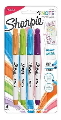 Marcador Sharpie SNote, Resaltador, Blister, Colores Surtidos, Paquete con 4 piezas.
