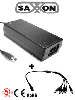 Paquete de Fuente de Poder Regulada de 12 VCC 4.1 Amperes + Divisor Para 5 Camaras Saxxon PSU1204D+PSWB08/ Color Negro/ Usos Multiples/ Certificacion UL