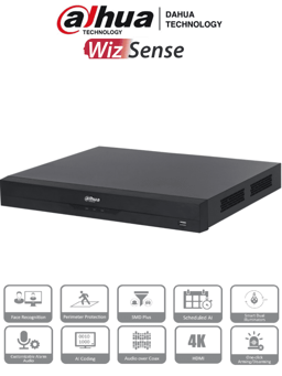 DVR de 32 Canales Dahua 4K/ 8 Megapixeles/ WizSense/ Con IA 6 Canales de Reconocimiento Facial/ H.265+/ Hasta 32 Canales IP/ Codificación IA/ SMD Plus/ 2 Bahías de Discos Duros, DH-XVR5232AN-4KL-I3