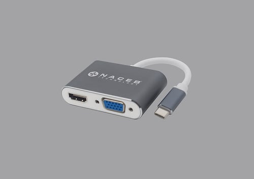 Adaptador USB-C Macho A HDMI + VGA Hembra Naceb NA-0113, HD 120HZ, FHD 30HZ, 4K a 30HZ, Color Gris/ Blanco