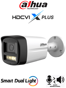 Camara Bala TURBOHD Dahua DH-HAC-HFW1500TLMN-IL-T/5MPX/2.8MM/Audio 2 Vias/IP67/Iluminador Dual Inteligente Mediante IR y Luz Calida/3DNR Para Reduccion de Ruido En Imagen/IR de Hasta 40Mts