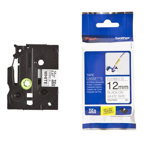 Cinta Brother TZEFX231 flexible negro sobre blanco de 12mm