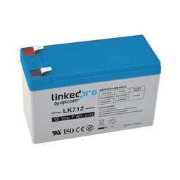 Bateria 12 VCC Linkedpro LK712 Vida Util Promedio 5 Años/Tecnologia AGM-VRLA/P/Uso En Equipo Electronico/Alarmas de Intrusion/Incendio/Control de Acceso/Video Vigilancia/Terminales F1/Incluye Adaptador