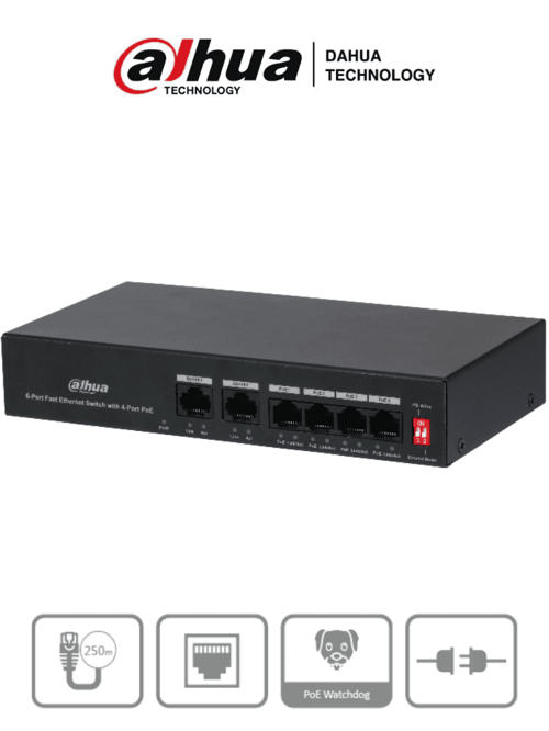 Switch POE de 4 Puertos POE 10/100 MBPS + 2 Puertos Uplink 10/100MBPS Dahua DH-PFS3006-4ET-36 con Proteccion de Descargas