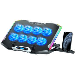 Base Enfriadora Para Laptop 17" / Balam Rush Eolox Frost Pro EF760 ABS, 15 Ventiladores x 60 mm / Malla Metalica / 1 Puerto USB A / 1 Puerto USB-C / Soporte Para Celular / 8 Niveles De Ajuste / RGB / Color Negro / BR-941129