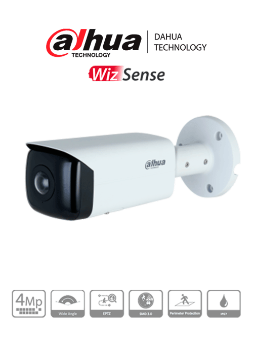 Camara IP Bullet Dahua DH-IPC-HFW3441T-AS-P, Resolucion 4MP/ Lente 2.1 MM/ 180°/ IR 20 MTS/ IA WizSense/ POE/ WDR/ H.265+/ IP67/ Microfono
