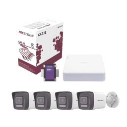 Kit NVR 4 Canales Hikvision KIT4MP/4B/1TB IP 4 Megapixel/4 Puertos POE/4 Camaras IP Bala Dual Light/Con Microfono Integrado/Bobina de Cable De 100 M/SSD de 1TB