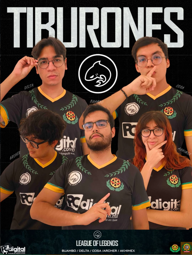 Escuadra Tiburones ITVER League of Legends luciendo sus jerseys con Pcdigital como patrocinador
