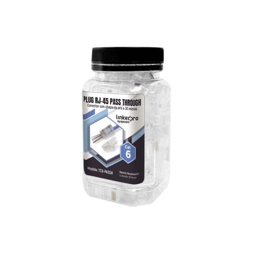 Bote con 50 Plugs Pass Through RJ45 CAT6 sin Blindaje, con Alivio de Tension Incluido, Chapado de Oro a 30 Micras para Durabilidad Extrema, TC6-PASSR