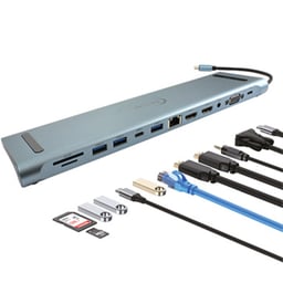 Docking Station Ec Line EC-BYL-2003U2 12 En 1 / USB-C / 2 X USB-C 3.0 / 2 X USB-A 2.0 / 2 X HDMI / 1 X RJ-45 / 1 X VGA / 1 X 3.5MM / MicroSD / SD / Gris