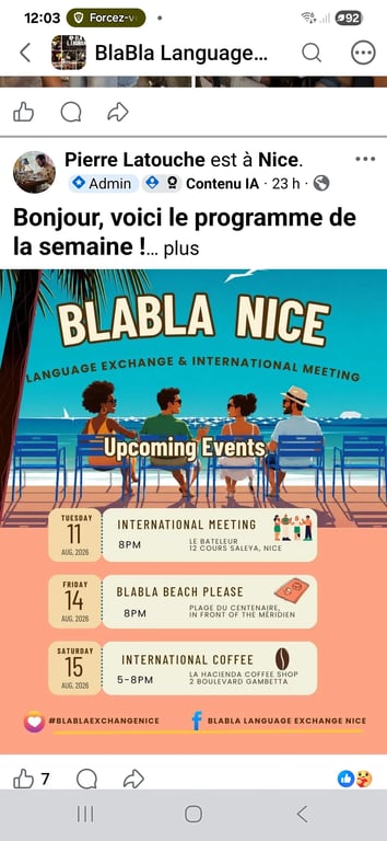 Soirée internationalite Blabla in english tous les mardis 20h Nice rue du teleur