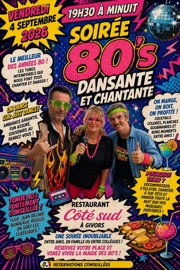 Soirée 80's " fluo " Chantante et Dansante Restaurant Côté Sud à givors