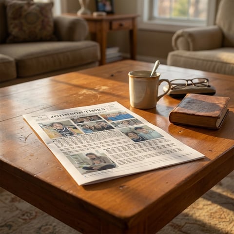 An image of this newsletter (EXACTLY AS-IS - NO CHANGES TO THE NEWSLETTER) on a pleasantly staged coffee table with warm afternoon golden hour lighting. No human in the picture. The letter should look crisp and fresh, perfect condition.