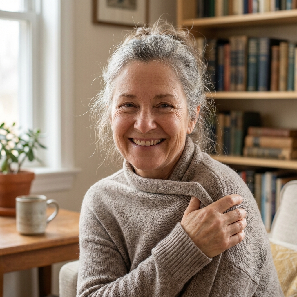 A warm, candid photo of a woman in her early 60s smiling at the camera, with soft natural lighting suggesting a home setting. She has kind eyes and gray-streaked hair, radiating genuine warmth and approachability.
