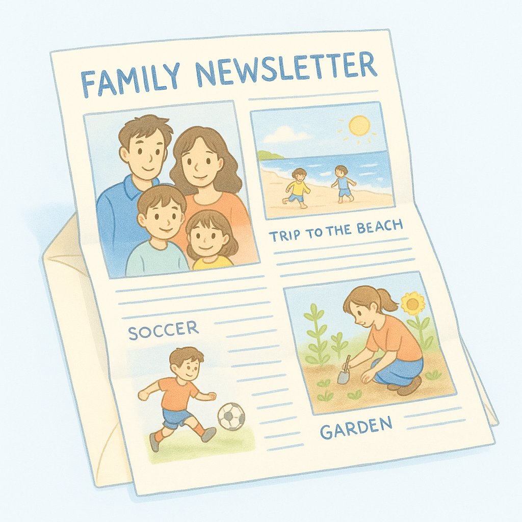 Example of a printed family newsletter with photos and text updates