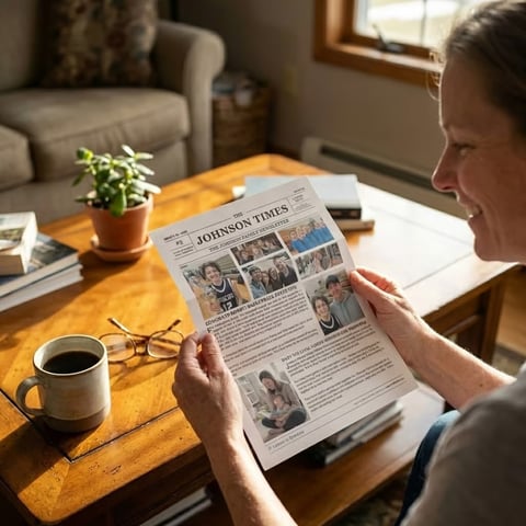 A woman holds a newspaper titled "THE JOHNSON TIMES" while sitting at a wooden coffee table. A potted plant and a mug of coffee are visible, with sunlight streaming through a window.