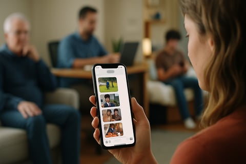A vibrant, relatable family moment capturing everyday digital sharing: a smartphone screen showing a group chat notification with photos and messages from family members (a child's soccer game action shot, a graduation photo, a casual family dinner snapshot, a college dorm room update). The background subtly shows multiple family members across different locations - a grandparent at home, a parent at work, a college student in a dorm - all connected through the simple act of texting.