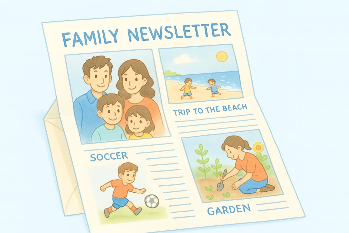 Example of a printed family newsletter with photos and text updates