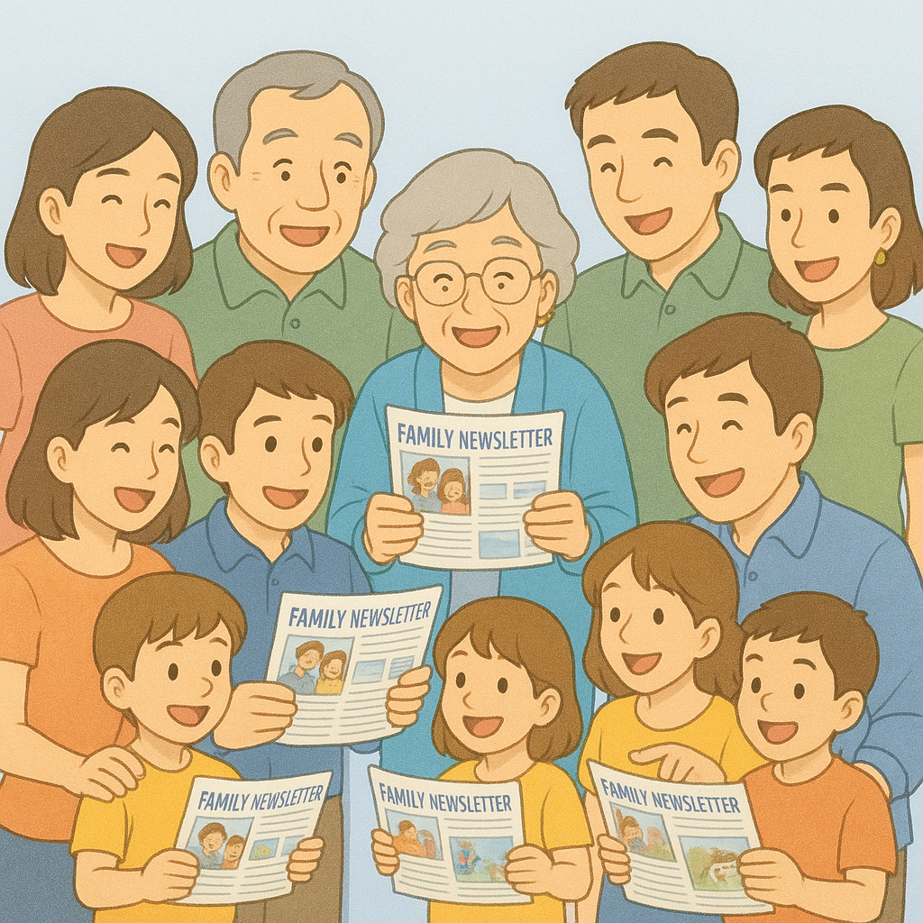 Example of a printed family newsletter with photos and text updates