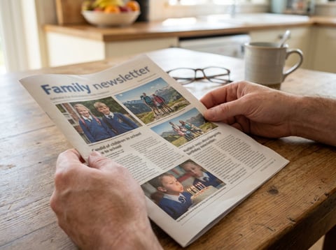 A close-up photograph of a beautifully designed full-color printed newsletter laid flat, showing family photos of grandchildren at school events, vacation moments, and milestone celebrations, with clear family stories and headlines visible alongside the images.