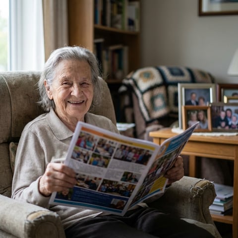 An elderly grandparent sitting in a comfortable chair, holding a beautifully printed full-color newsletter filled with family photos and stories, beaming with joy and warmth as they read updates from loved ones.
