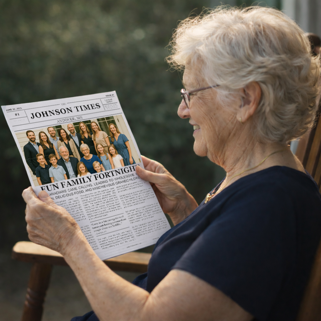 An elderly woman with short, gray hair wears glasses and smiles while reading a newspaper titled "Johnson Times." The headline reads "Fun Family Fortnight," featuring a group photo. The background is softly blurred.