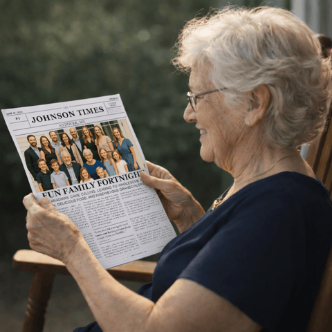An elderly woman with short, gray hair wears glasses and smiles while reading a newspaper titled "Johnson Times." The headline reads "Fun Family Fortnight," featuring a group photo. The background is softly blurred.