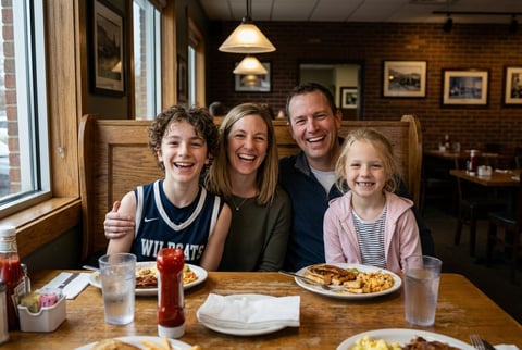 An image of these two children sitting cheerfully next to their aunt and uncle in a booth in a cozy restaurant. All four are happy and laughing towards the camera, sitting in a row. Non-ideal lighting
