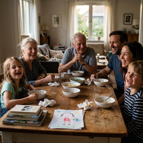 A warm, candid photograph of a multigenerational family laughing together around a dinner table, with genuine joy and connection visible on their faces.