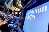 The logo for Goldman Sachs appears on the floor of the New York Stock Exchange.