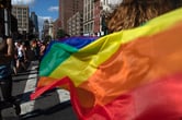 A parade-goer carries a rainbow flag during an LBGTQ Pride march in New York.