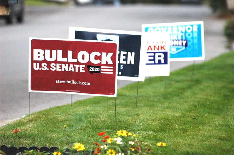 Campaign signs in Montana dot a lawn.