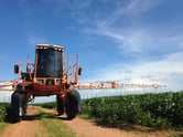 A yellow agricultural sprayer on a dirt road with crops on the side.